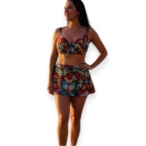 BECCA Two Pieces Multicolor Butterfly Skort Floral Trim Tropical